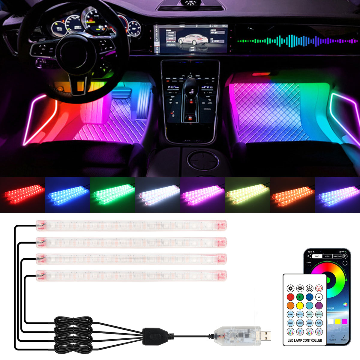 مصباح ديكوري 2/4 في 1 بـ 12/18 - مراجعة Led Ambient Interior Car Lights App Control وسعره